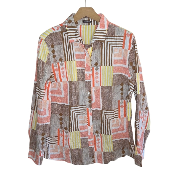 J. McLaughlin | Lois Brown Orange Yellow Geometric Stripe Button Front Shirt - Picture 1 of 6